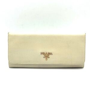 Prada Saffiano Leather Double Snap Flap Wallet Ivory/Cream ✔️Authentic